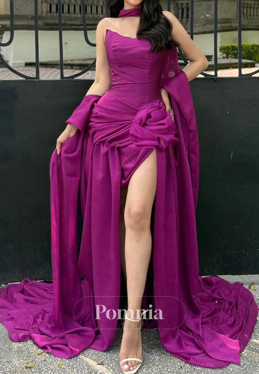 Orchid Sheath Slit Sleeveless Strapless Ruched Prom Dress