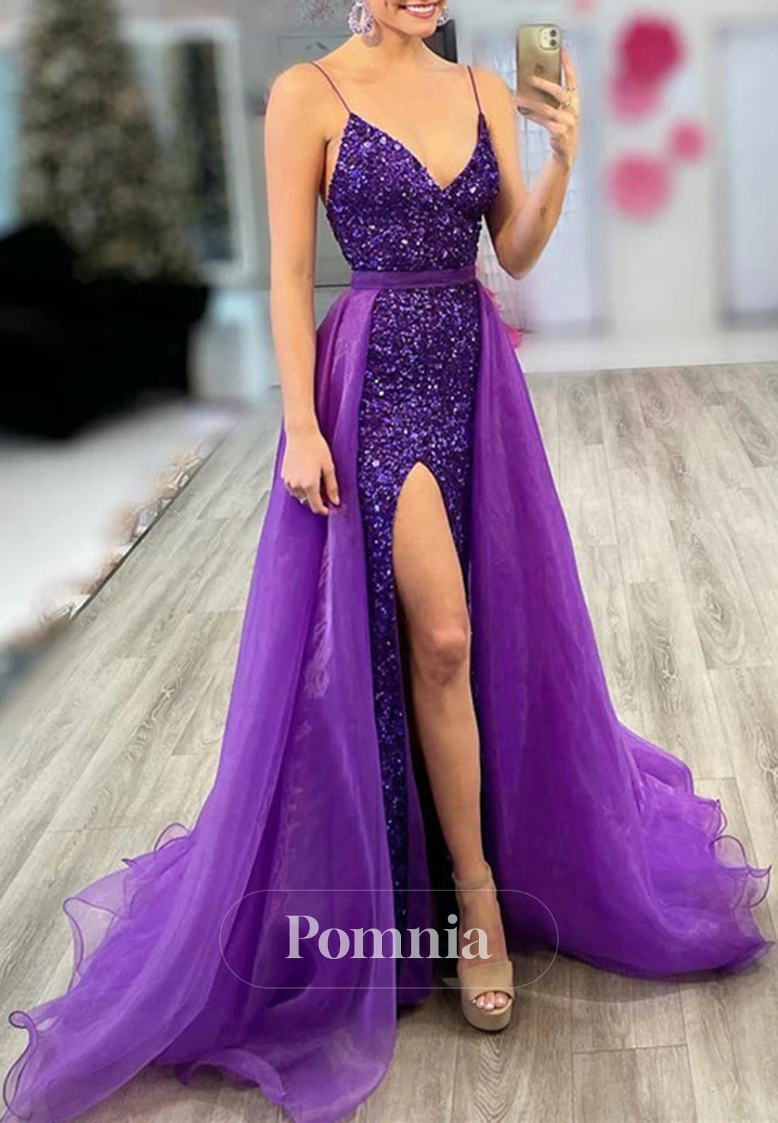 Orchid Spaghetti Straps V-Neck Slit Sequins Prom Dress