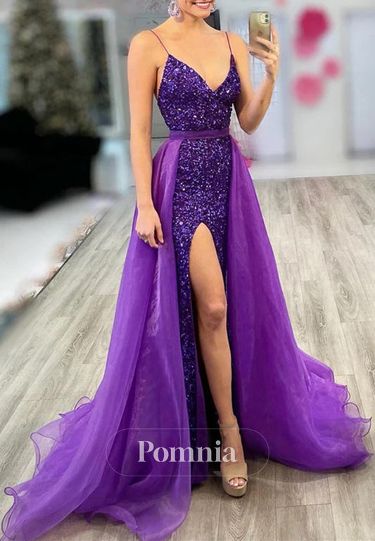 Orchid Spaghetti Straps V-Neck Slit Sequins Prom Dress