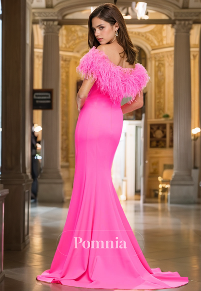 Off-Shoulder Mermaid Prom Dress with Feathers Slit Floor-Length Evening Party Dress