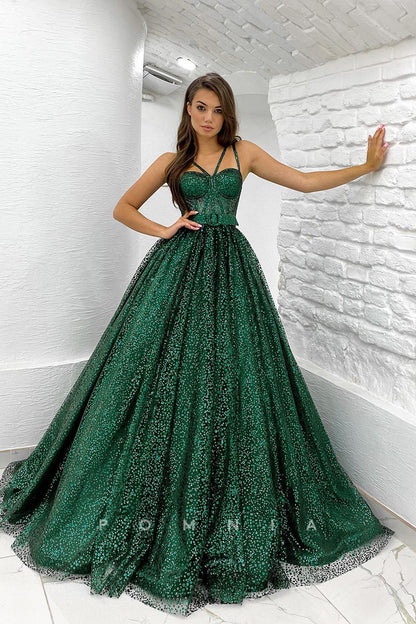 P1018 - Sparkly Straps Pleats Sleeveless Ball Gowns Formal Prom Party Dress with Belt