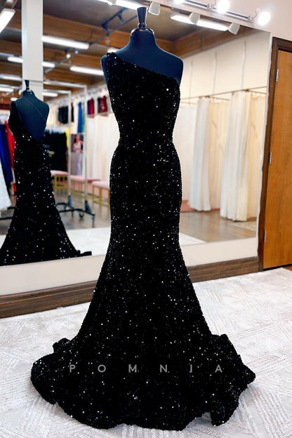 P1044 - One Shoulder Full Sequins Mermaid Sleeveless Prom Party Formal Dress