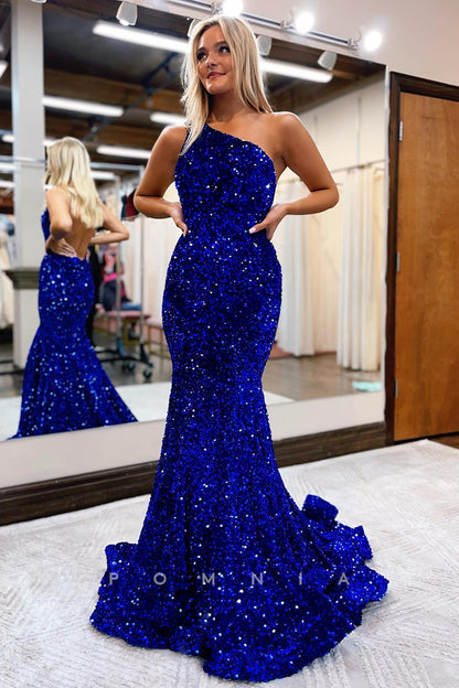 P1044 - One Shoulder Full Sequins Mermaid Sleeveless Prom Party Formal Dress