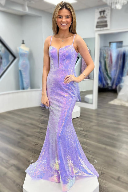 P1067 - Glitter Straps Deep V-Neck Sequins Mermaid Prom Party Formal Dress