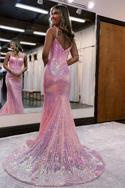 P1067 - Glitter Straps Deep V-Neck Sequins Mermaid Prom Party Formal Dress