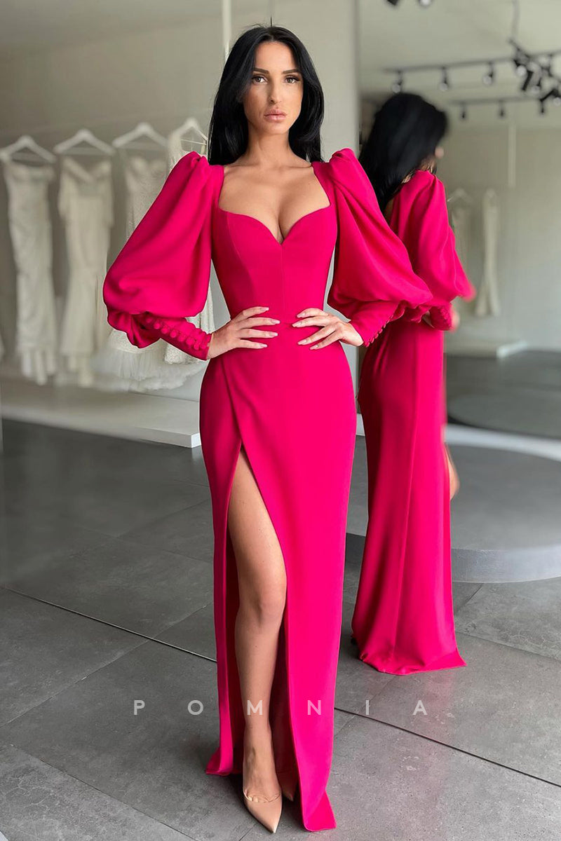 P1088 - Elegant Sweetehart Long Sleeves Side Slit Prom Party Formal Dress