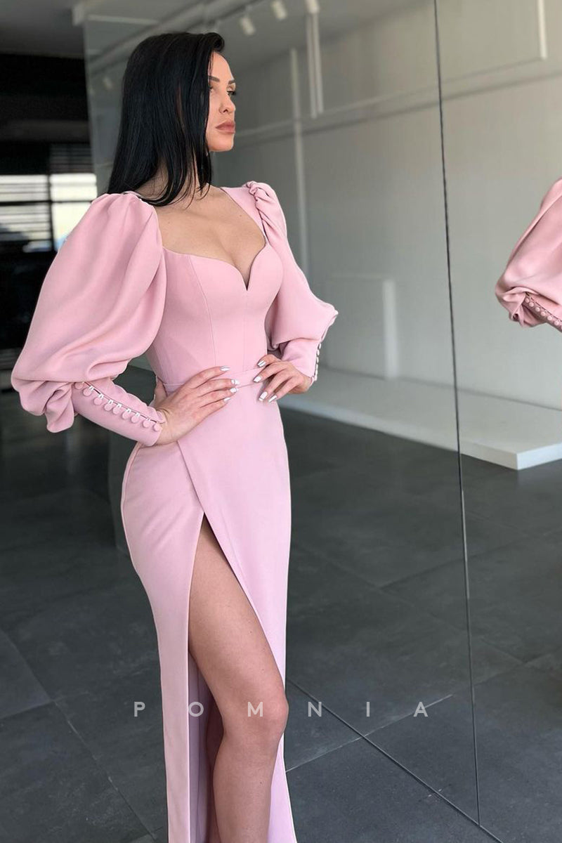 P1088 - Elegant Sweetehart Long Sleeves Side Slit Prom Party Formal Dress