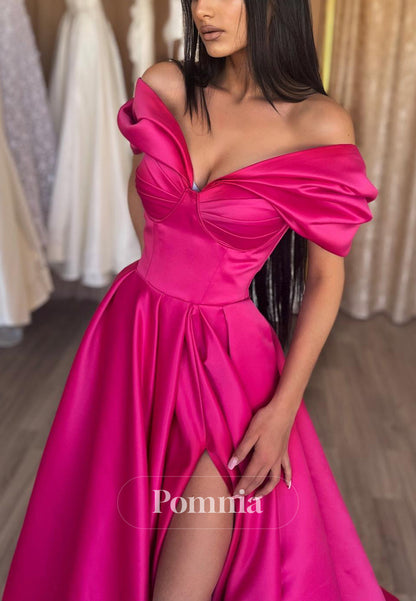 P1161 - A-Line Strapless V-Neck Pleated Side Slit Prom Party Formal Dress