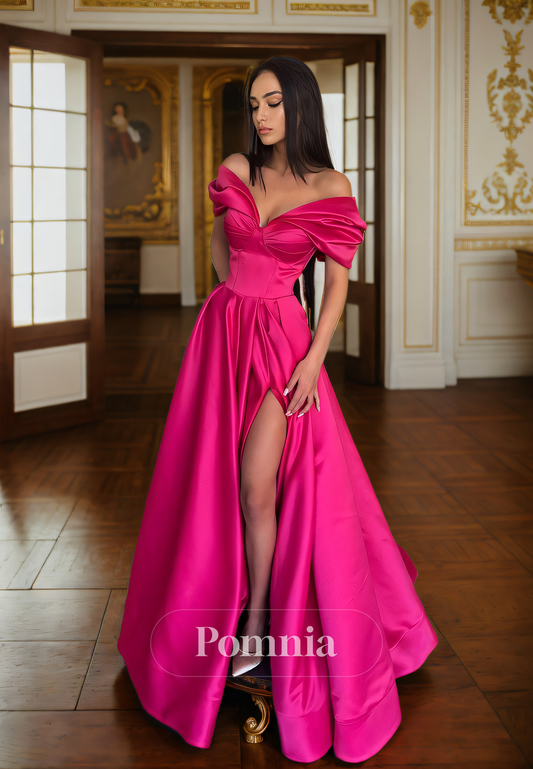 P1161 - A-Line Strapless V-Neck Pleated Side Slit Prom Party Formal Dress