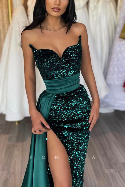 P1173 - Sexy/Hot Strapless V-Neck Sequined Pleats Slit Prom Party Dress with Train