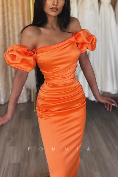 P1174 - Off-Shoulder Pleats Flower Sheath Satin Prom Party Formal Dress