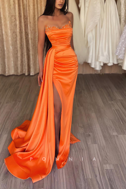 P1175 - Strapless V-Neck Top Sequins Pleats Side Split Formal Prom Party Dress