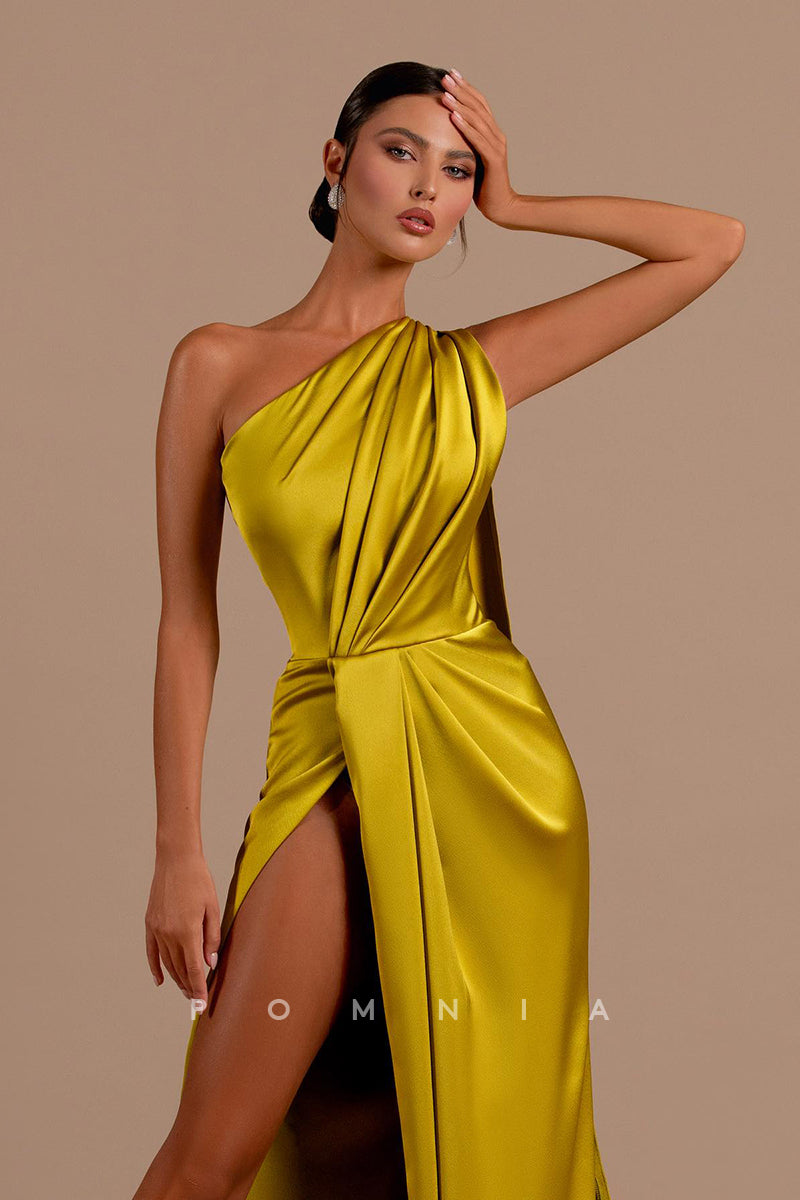 P1200 - Classy One Shoulder High Slit Pleats Sleeveless Long Prom Evening Dress