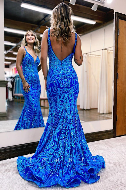 P1259 - Plunging V-Neck Straps Sequins Appliques Mermaid Prom Evening Dress