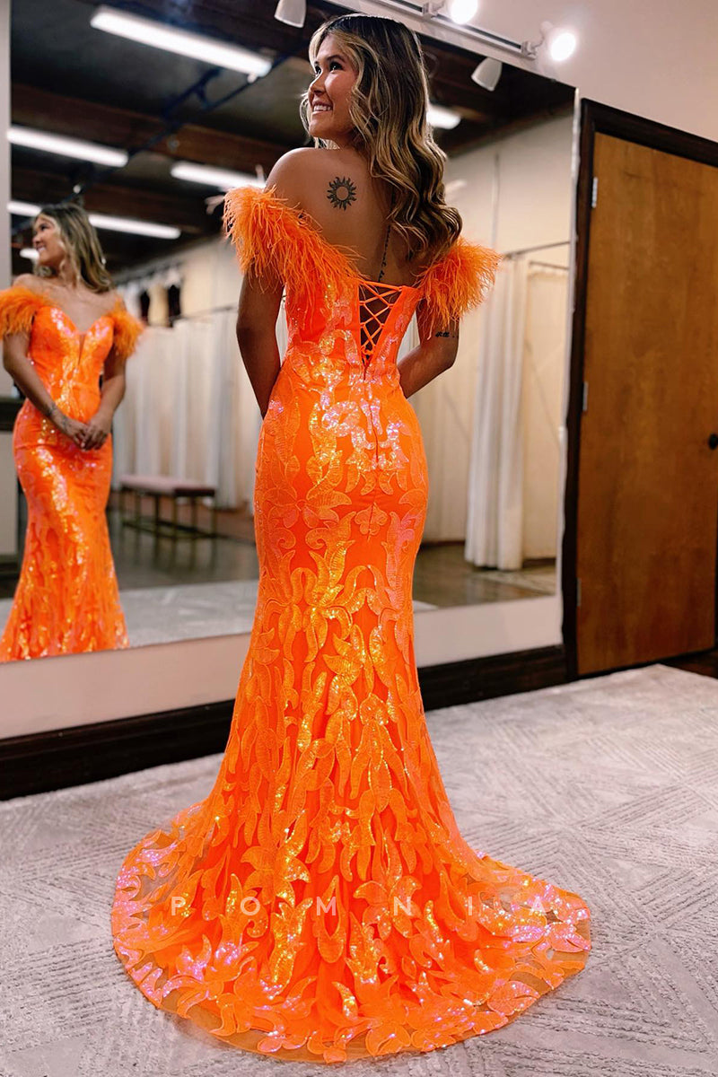 P1266 - Mermaid Strapless Appliques V-Neck Feathers Prom Evening Dress