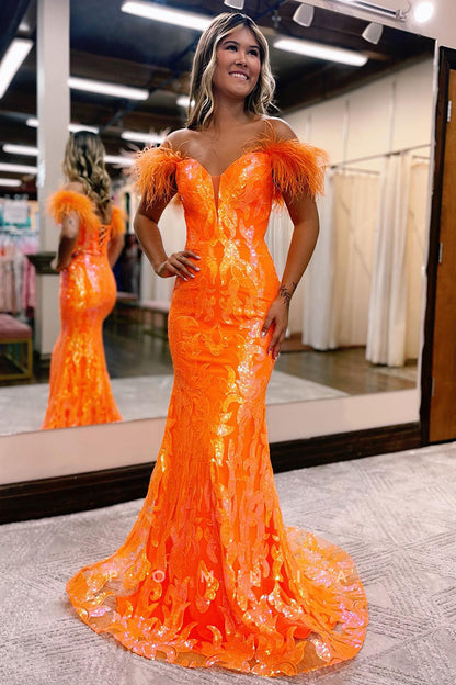 P1266 - Mermaid Strapless Appliques V-Neck Feathers Prom Evening Dress