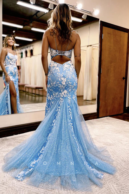 P1272 - Spaghetti Straps Scoop Lace Appliques Mermaid Prom Party Dress with Slit