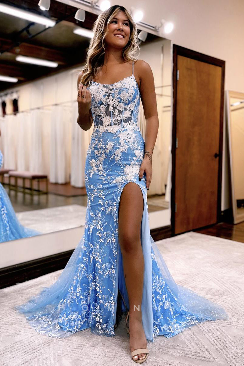 P1272 - Spaghetti Straps Scoop Lace Appliques Mermaid Prom Party Dress with Slit