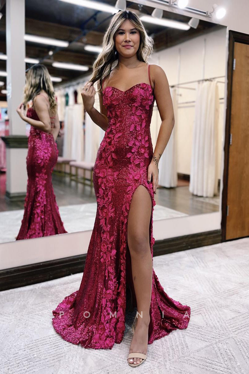 P1278 - Spaghetti Straps Sweetheart Lace Appliques Prom Formal Evening Dress with Slit