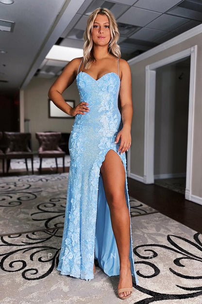 P1278 - Spaghetti Straps Sweetheart Lace Appliques Prom Formal Evening Dress with Slit