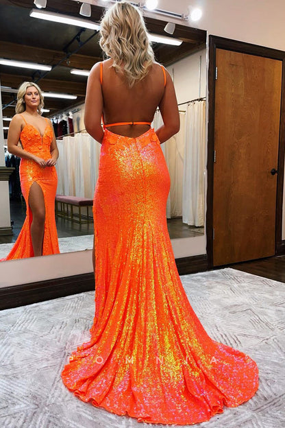 P1282 - Stunning V-Neck Spaghetti Straps Appliques Glitter Prom Party Dress with Slit