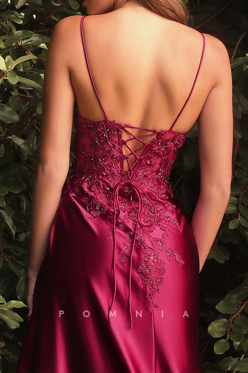 P1314 - Spaghetti Straps V-Neck Lace Appliques Side Slit Evening Prom Formal Dress