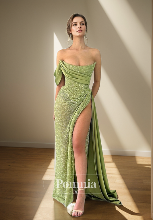 P1316 - Strapless Scoop High Slit Sequins Pleats Evening Formal Prom Dress