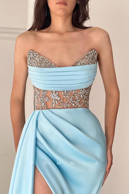 P1319 - Sheath Strapless V-Neck Beads Hollow Prom Formal Party Dress with Slit
