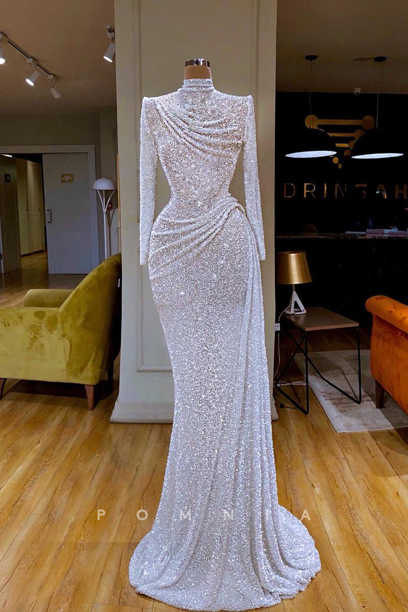P1350 - High Neck Long Sleeves Glitter Sequined Pleats Long Evening Formal Dress