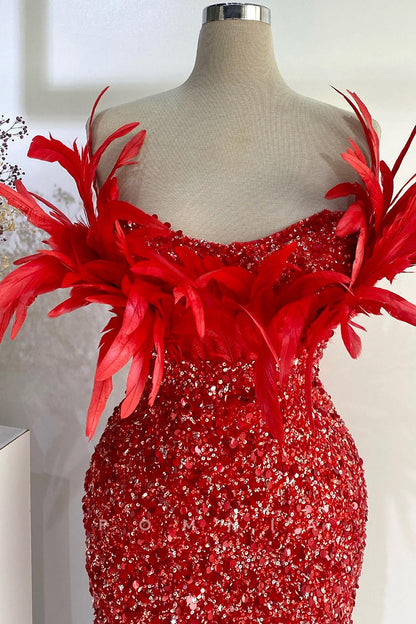 P1388 - Stunning Strapless Feathers  Scoop Sequined Prom Evening Dress with Split