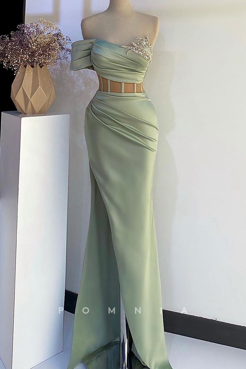 P1390 - Off-Shoulder Beads Pleats Side Slit Long Satin Prom Evening Formal Dress