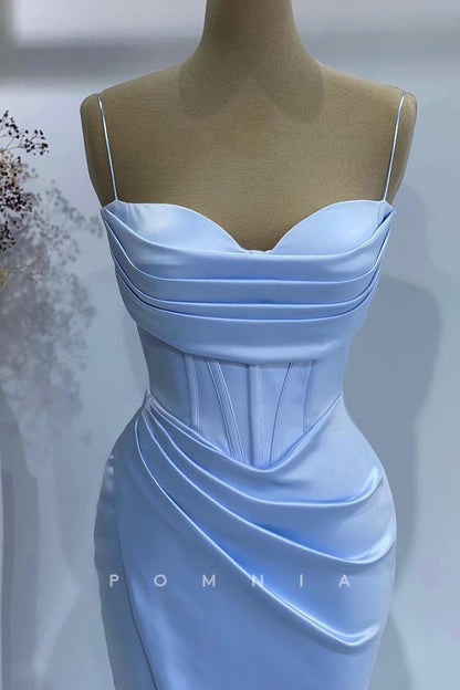 P1391 - Simple Spaghetti Straps Pleats Sleeveless Satin Long Prom Party Formal Dress