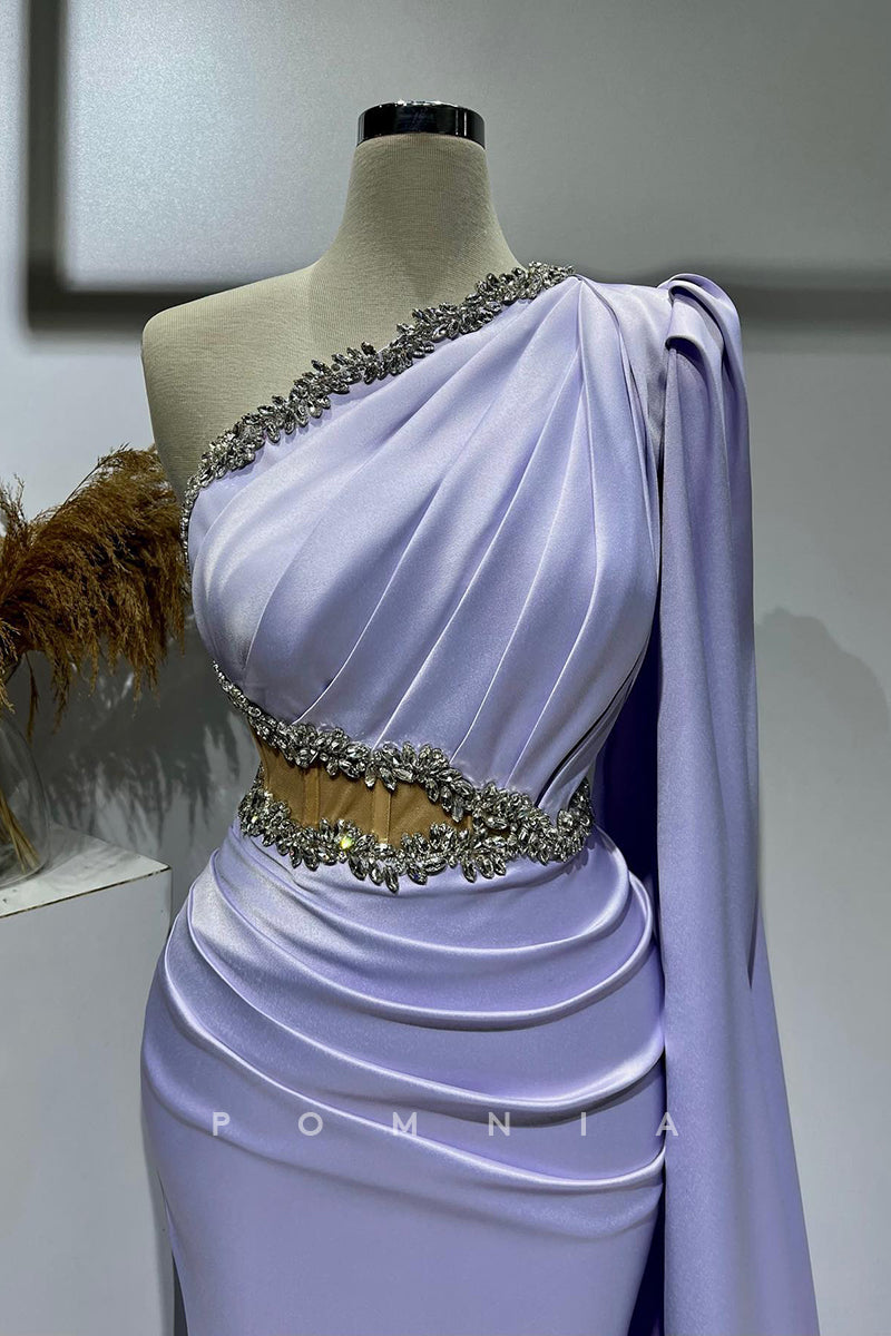 P1397 - One Shoulder Beads Pleats Hollow Prom Evening Formal Dress with Slit