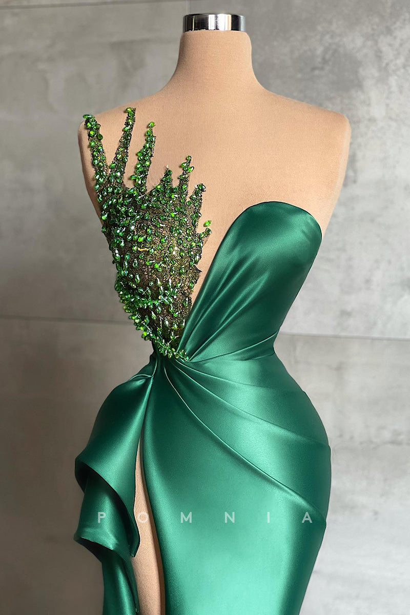 P1402 - Striking Illusion Neck Beading High Slit Satin Prom Evening Party Dress