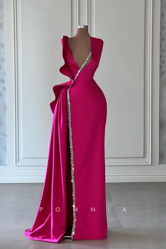 P1421 - A-Line Deep V-Neck High Split Ruched Sleeveless Long Formal Evening Dress