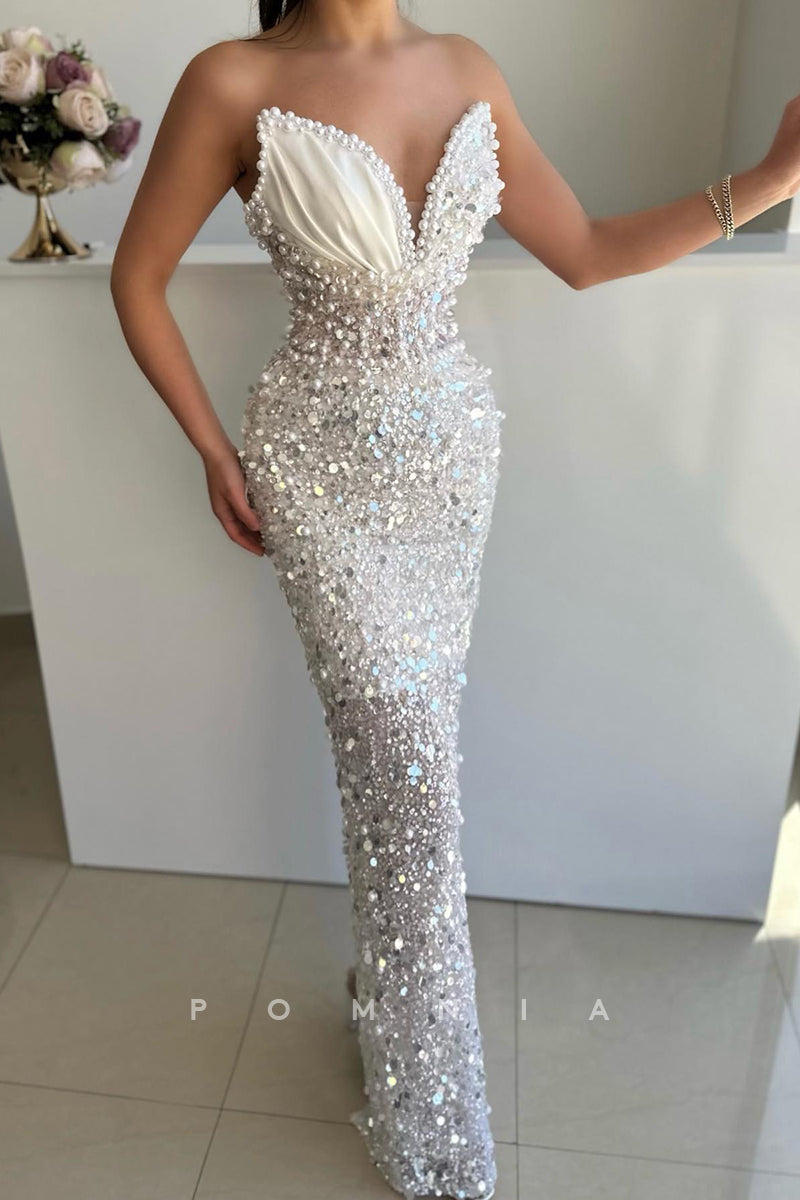 P1481 - Sparkly Pearls Strapless V-Neck Sequined Sleeveless Prom Party Evening Dress