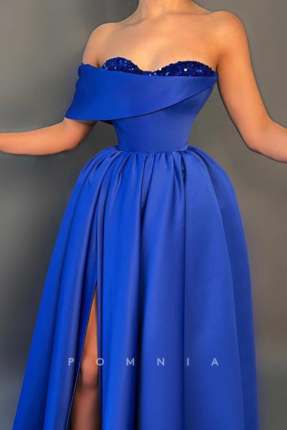 P1499 - A-Line Strapless Sweetheart Pleated Cap Sleeves Long Prom Evening Dress with Split