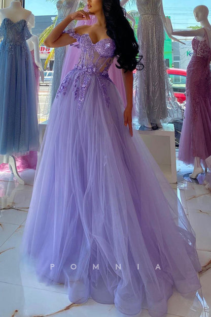 P1571 - Strapless A-Line Sweetheart Appliques Long Tulle Prom Formal Dress