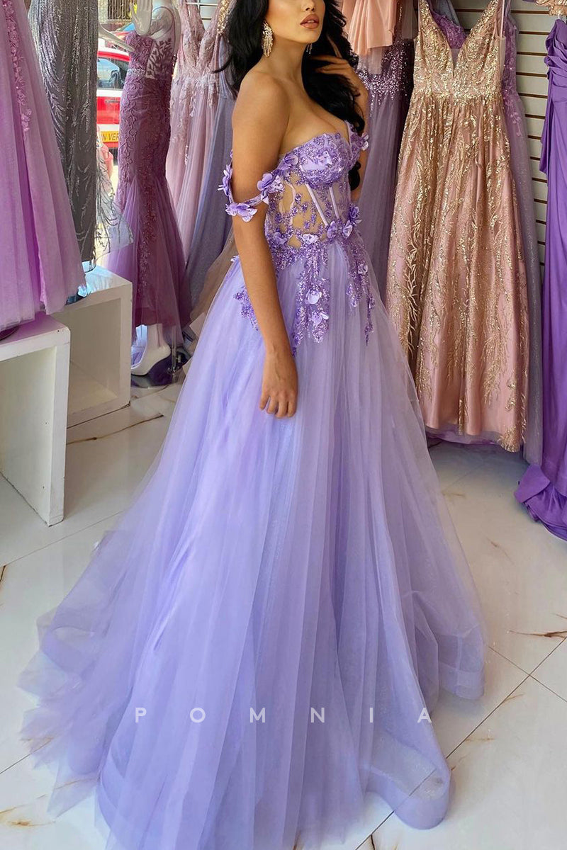 P1571 - Strapless A-Line Sweetheart Appliques Long Tulle Prom Formal Dress