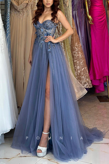 P1572 - A-Line Strapless Sweetheart Side Split Tulle Appliques Prom Formal Dress