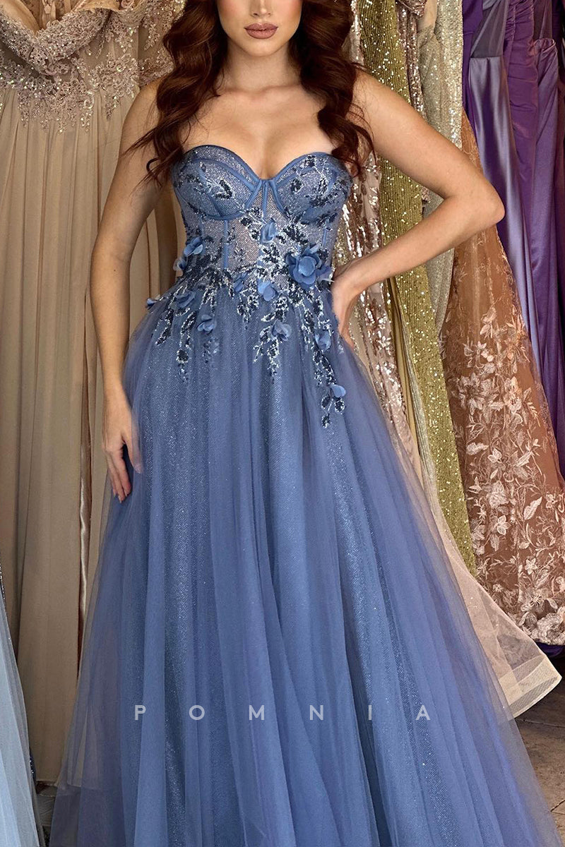 P1572 - A-Line Strapless Sweetheart Side Split Tulle Appliques Prom Formal Dress