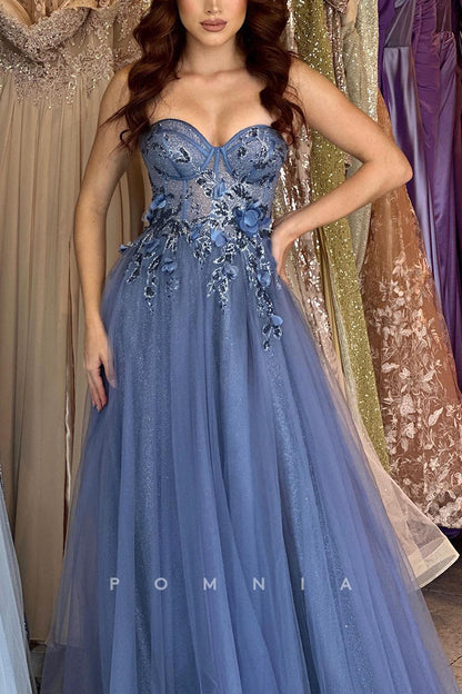 P1572 - A-Line Strapless Sweetheart Side Split Tulle Appliques Prom Formal Dress