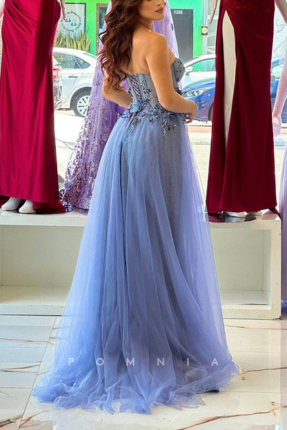 P1572 - A-Line Strapless Sweetheart Side Split Tulle Appliques Prom Formal Dress