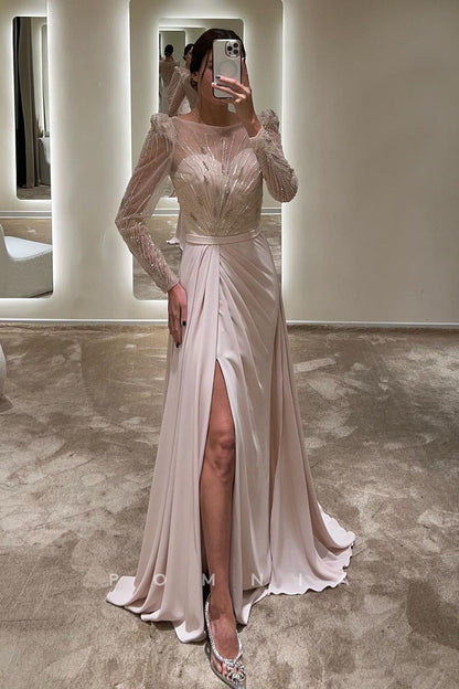 P1588 - A-Line Scoop Appliques Long Sleeves Pleats High Split Chiffon Evening Formal Dress