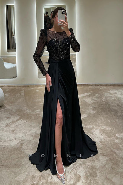 P1588 - A-Line Scoop Appliques Long Sleeves Pleats High Split Chiffon Evening Formal Dress