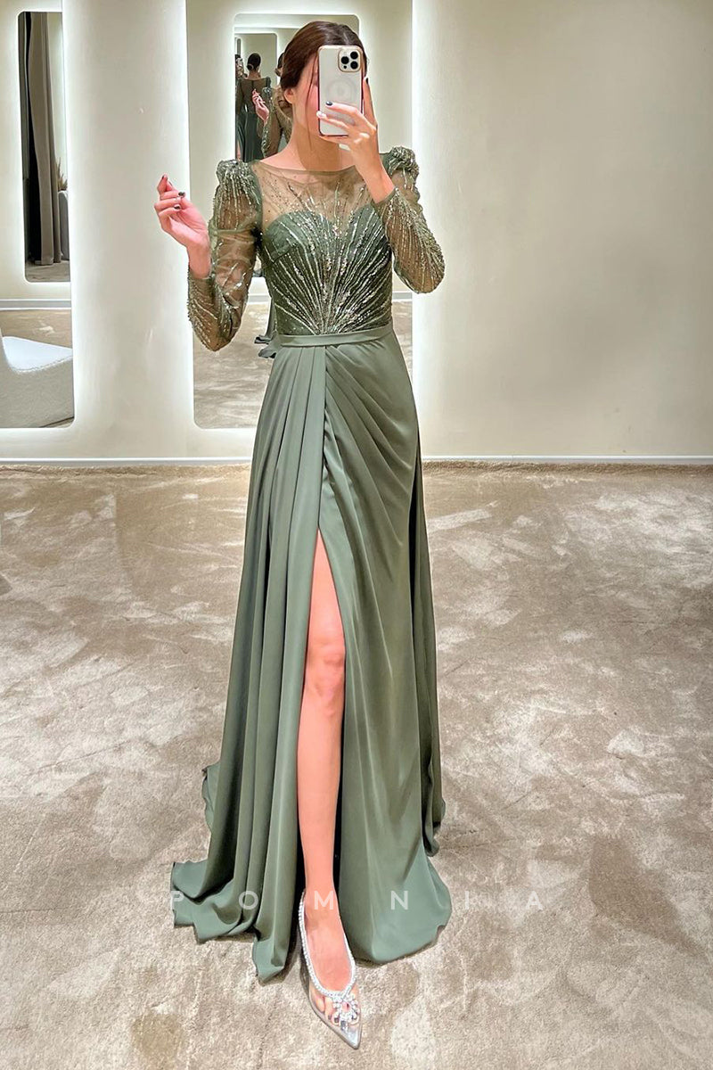 P1588 - A-Line Scoop Appliques Long Sleeves Pleats High Split Chiffon Evening Formal Dress