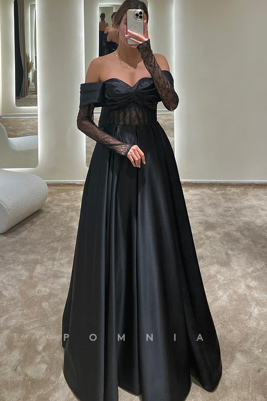 P1589 - A-Line Strapless Sweetheart Pleated Satin Evening Formal Dress with Sleeves