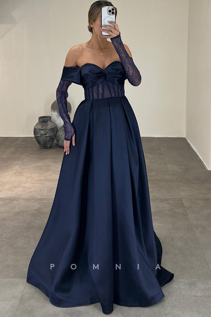 P1589 - A-Line Strapless Sweetheart Pleated Satin Evening Formal Dress with Sleeves