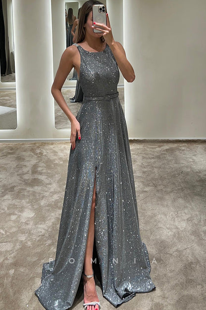 P1590 - Sparkly A-Line Scoop Side Split Belt Sleeveless Long Evening Formal Dress