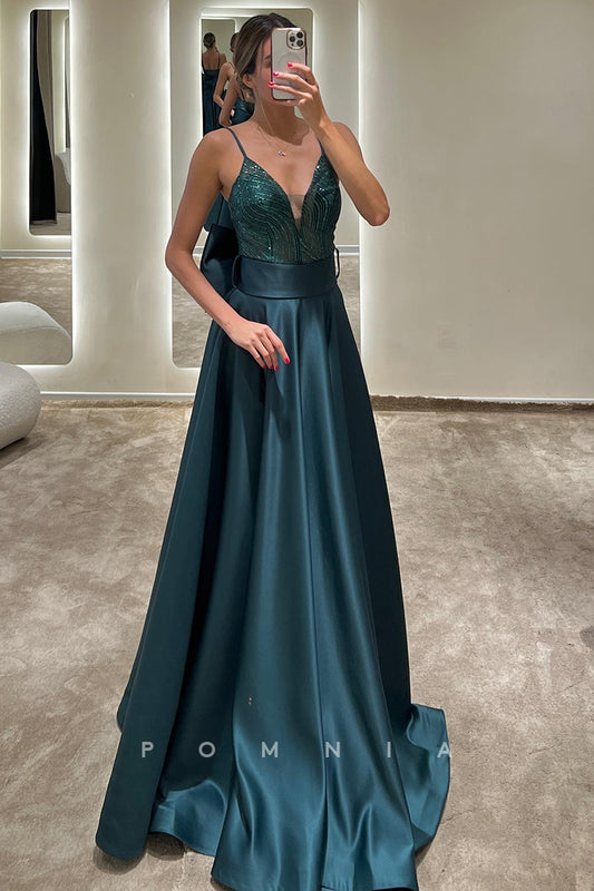 P1592 - Spaghetti Straps A-Line V-Neck Sleeveless Appliques Prom Evening Formal Dress